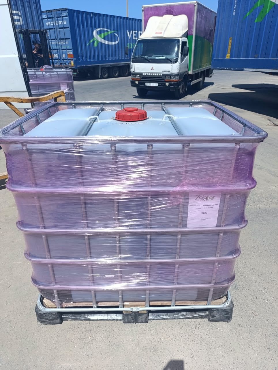 IBC tank of essential oil ready for export at the port